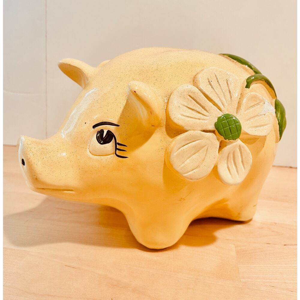 Vtg 1960s Artistic Royal Craft Piggy Bank Chalkware Yellow Flower Power Daisy 8"